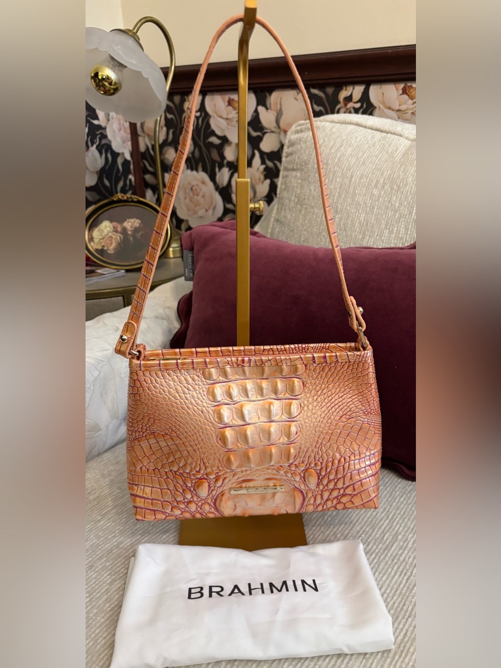 Brahmin Lorelei Melbourne Leather Shoulder Bag Iridescent Peach Apricot Croc